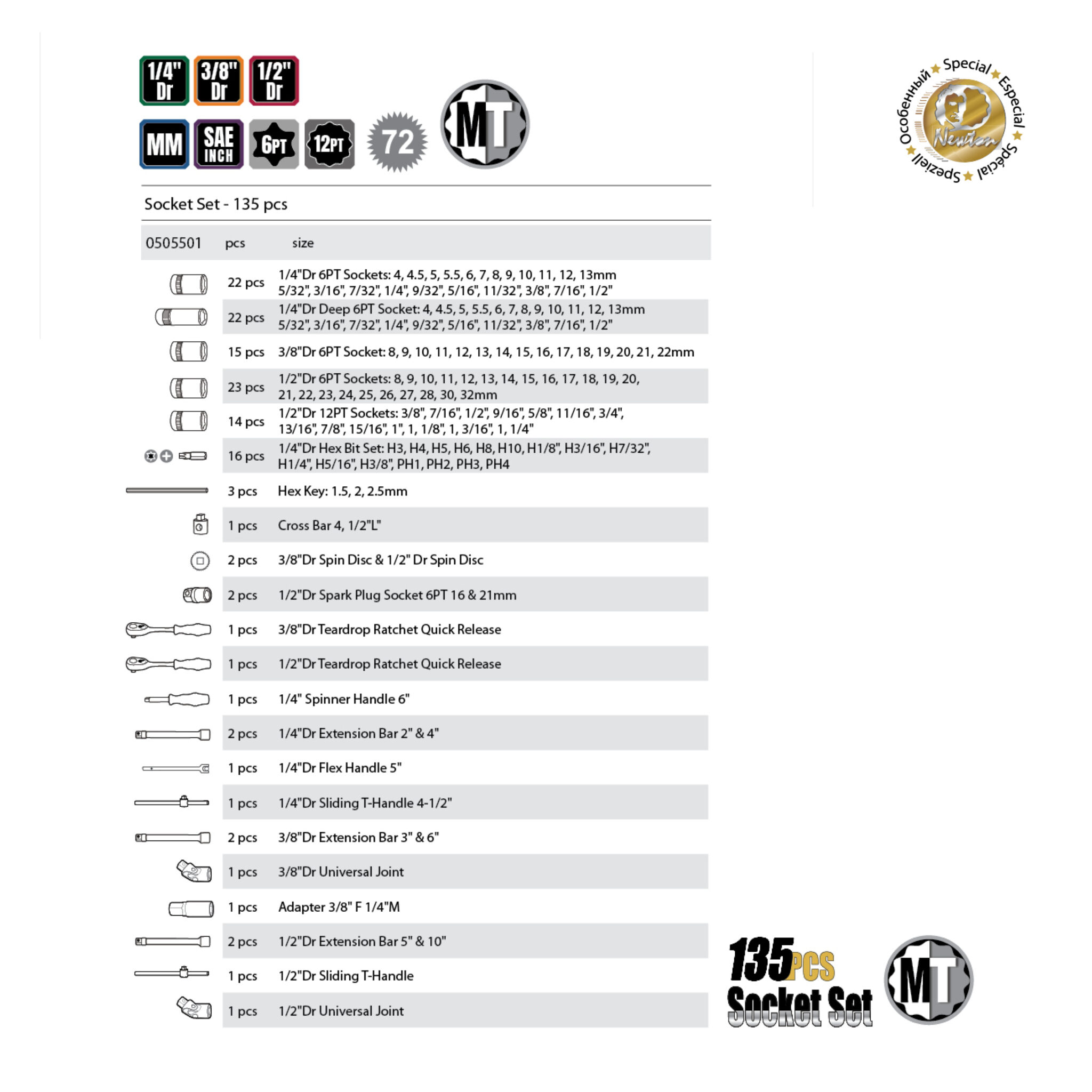 Socket and accessory set 135 pieces inches and mm DR 1/4"+3/8"+1/2" combined with deep sockets - Image 4